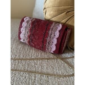 Anthropologie Seed Bead Crossbody Clutch Purse Red Pink Art Deco Scalloped NWT